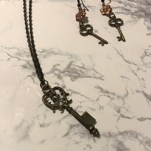 Brass key necklace and earrings set